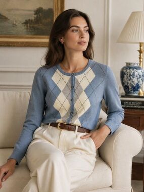 TALBOTS 100% Merino Wool Argyle Cardigan Blue Medium Preppy Coastal Golf Soft